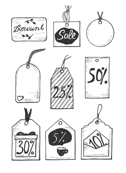 Vector illustration of a different discount labels set. Sale, 5, 10, 25, 50, 30, percent badges and few empty for your text. Hand drawn style.  - Vector, Image