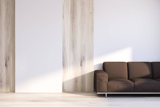 Εσωτερικό του μινιμαλιστικό σαλόνι με άσπρα και ελαφριά ξύλινα τείχη, ελαφρύ ξύλινο πάτωμα και σκούρα καφέ καναπέ. 3D rendering - Φωτογραφία, εικόνα