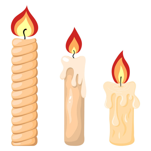 Sammlung brennender Kerzen aus Paraffinwachs für Ihr Design. Vektor-Illustration isoliert auf weißem Hintergrund. Cartoon-Stil. Ferienelemente. - Vektor, Bild