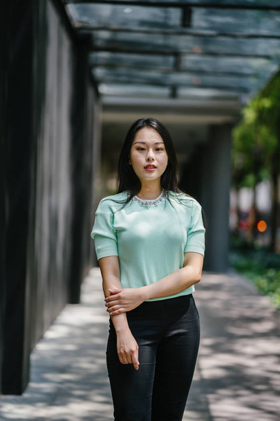 Portrait of a young, sexy and glamorous Asian woman during the day. She is wearing a mint green sweater - Zdjęcie, obraz