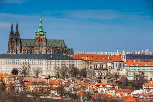 Τον καθεδρικό ναό της Πράγας και η πόλη φαίνεται από το λόφο Πέτριν σε μια πρώιμη ανοιξιάτικη μέρα - Φωτογραφία, εικόνα