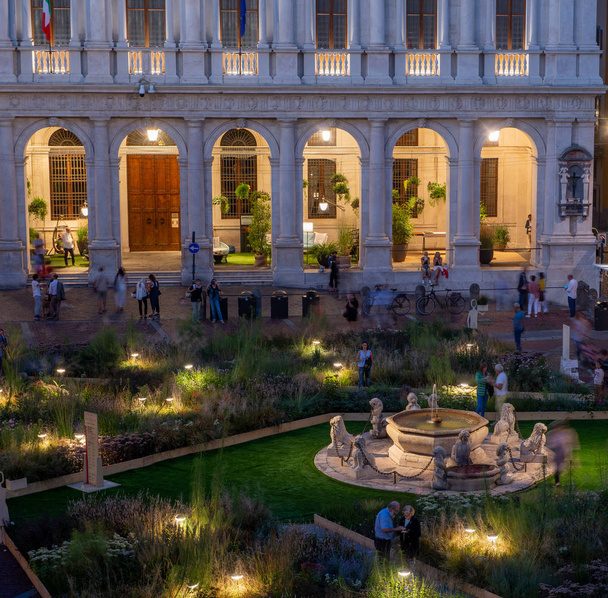 Bergamo Italy September 7th 2018: Bergamo Old Town in a high-rise city transformed into a botanical garden for the masters of the landscape - Photo, Image