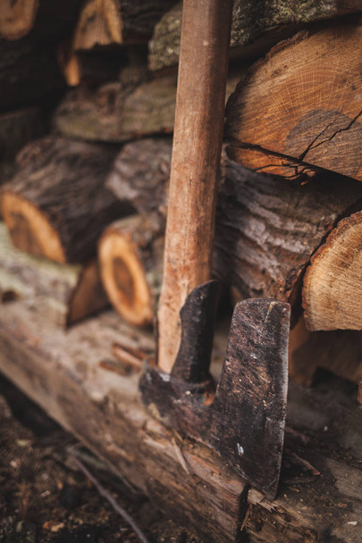 firewood and ax stacks for winter - Photo, Image