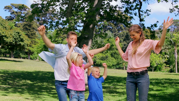 Family jumping up and down with their arms raised - Záběry, video