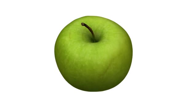 Beyaz arka planda dönen yeşil bir Granny Smith elmasının gerçekçi canlandırması. Video kusursuz bir şekilde döngüye giriyor ve 3D nesne gerçek bir elmadan taranıyor.. - Video, Çekim
