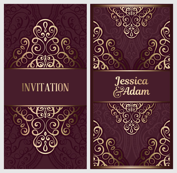 Carte d'invitation de mariage avec un feuillage riche oriental et baroque brillant doré. Arrière-plan islamique décoré pour votre design. Islam, arabe, indien, Dubaï
 - Vecteur, image