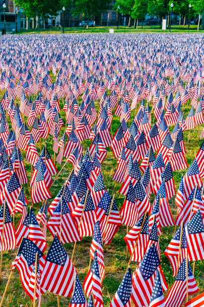 Boston, Usa - 27 mei 2016: Weergave van duizenden van ons vlaggen geplant in Boston Common, ter herdenking van gevallen soldaten in oorlogen, tijdens Memorial Day weekend - Foto, afbeelding