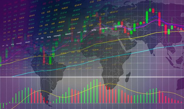 giełdzie lub forex trading wykres i świecznik wykresu na mapie świata / inwestowanie i giełdzie zyski wyświetlacz zarządu giełdy papierów wartościowych rynku - Zdjęcie, obraz