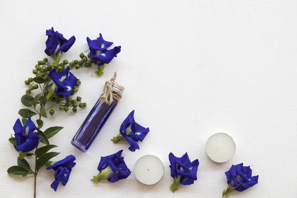 luonnolliset kasviperäiset öljyt siniset kukat perhonen herne paikallinen kasvisto Aasian haisee tuoksut tuoksu taustalla valkoinen
 - Valokuva, kuva