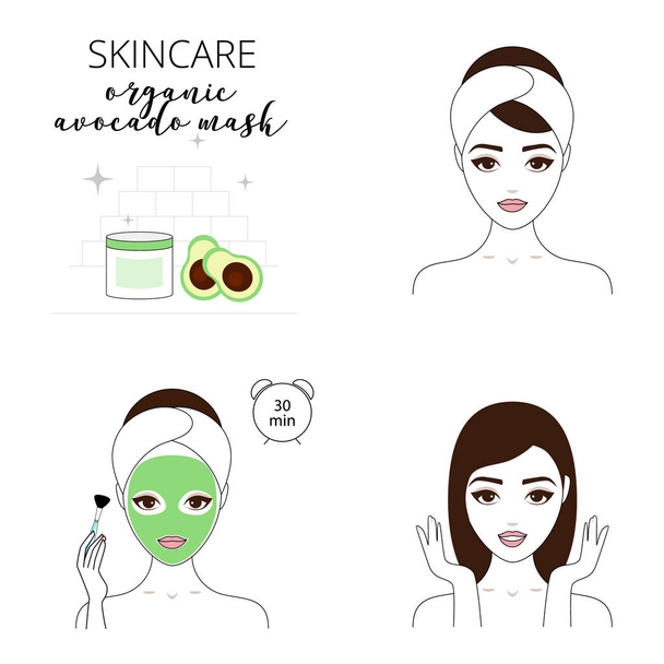 Bella donna si prende cura del suo viso. Passaggi illustrati come applicare la maschera di avocado biologico per il viso. Set di illustrazioni foderate isolate
 - Vettoriali, immagini