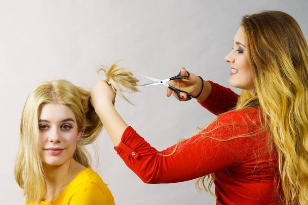 Woman getting haircut from her unprofessional friend using scissors cutting split ends having fun time. - Photo, Image