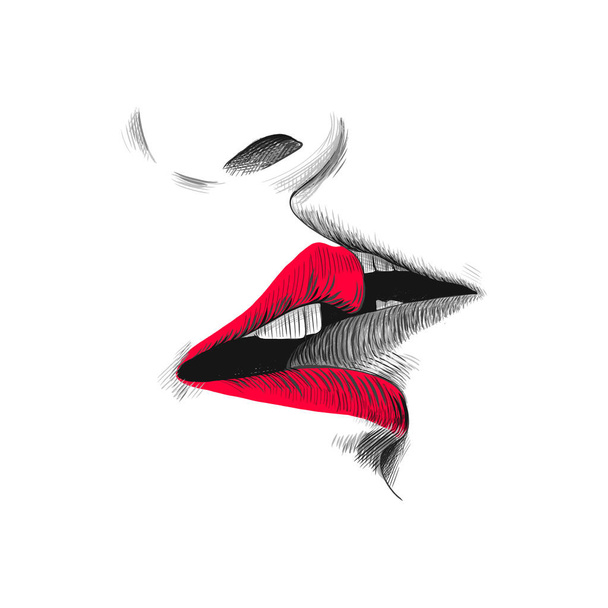Ескіз поцілунку Векторна ілюстрація, малюнок чорного, червоного та білого каракулів. Молода пара цілується, відкриває губи і рот крупним планом
. - Вектор, зображення