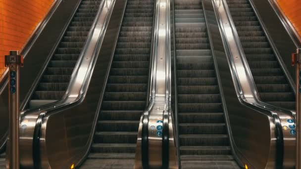 Dużych nowoczesnych schodów ruchomych w metrze. Opuszczony schodów ruchomych bez ludzi na cztery pasy ruchu, które poruszają się w górę i w dół - Materiał filmowy, wideo