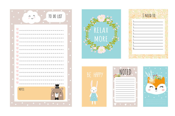 Set up planners and cute postcards in Scandinavian style. Hand-drawn. For printing. Stationery. - Вектор,изображение