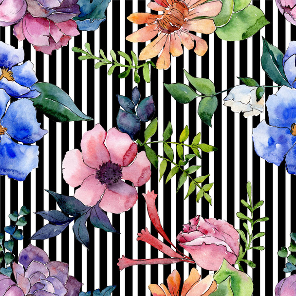 Bouquet floral botanical flowers. Watercolor background illustration set. Seamless background pattern. - Foto, Imagem