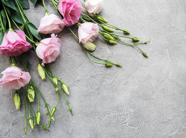 Świeży eustoma różowe kwiaty ramki na podłoże betonowe - Zdjęcie, obraz