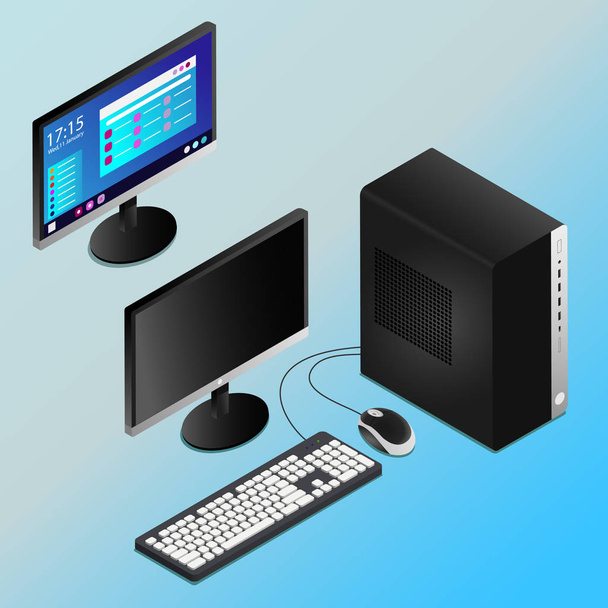 Illustrazione vettoriale di un PC desktop nero realistico in isometria con schermo vuoto e funzionante
 - Vettoriali, immagini