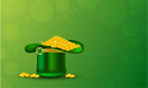 Πράσινο καλλικάτζαρος καπέλο γεμάτο χρυσά νομίσματα σε γυαλιστερό πράσινο φόντο για έννοια εορτασμό ημέρα του Αγίου Πατρικίου. - Διάνυσμα, εικόνα