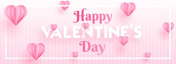 Typography of happy valentine's day with paper origami heart shapes on pink stripe background. Header or banner design. - Vecteur, image