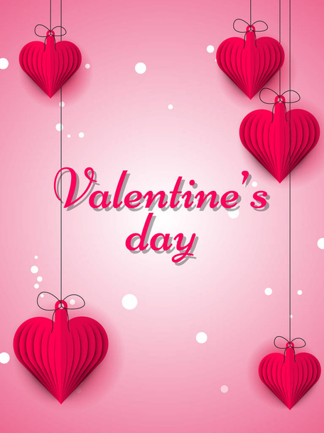 Valentine's Day template or greeting card design with paper origami of heart shapes hanging on glossy pink background. - Вектор,изображение