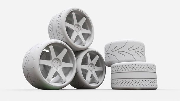 Many sports car wheels standing together. Minimal style installation. 3d rendering - Photo, Image