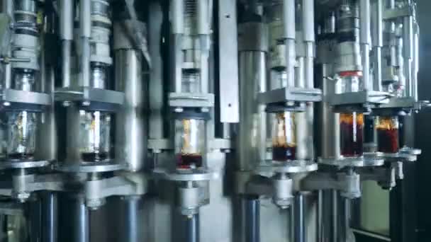 Roterende industriële machine glazen flessen vullen met drank - Video