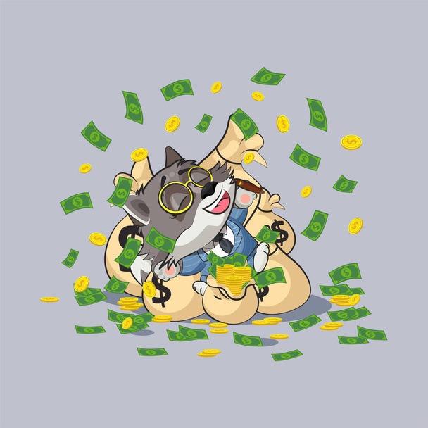 Vlk v obleku leží šťastný na pytle peněz - Vektor, obrázek
