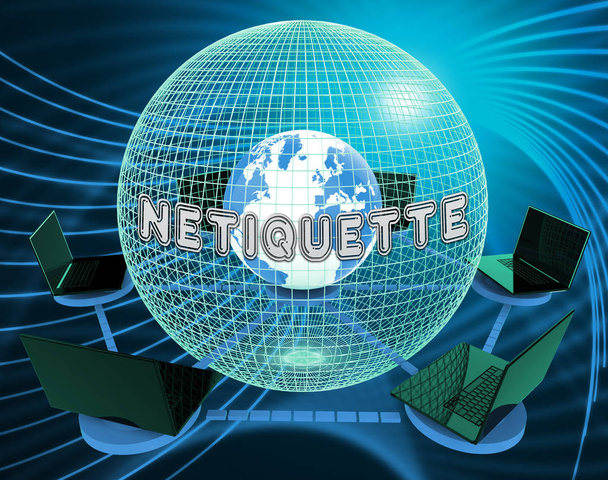 Netiquette kibar çevrimiçi ortamda davranış kuralları veya Web görgü kuralları. Nezaket Protokolü ağlar ve teknoloji - 3d çizim - Fotoğraf, Görsel