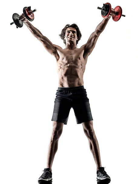 man fitness weitghs training exercises isolated silhouette white - Photo, Image