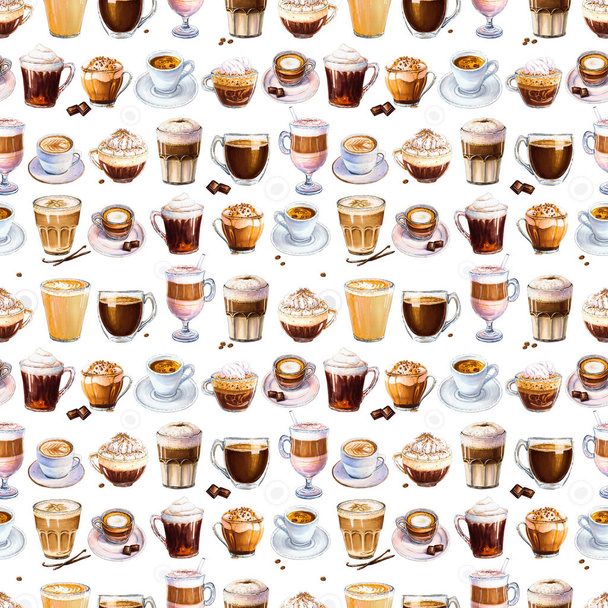 Modèle sans couture avec différentes boissons au café sur fond blanc. Illustration d'espresso, latte et americano, cappuccino et autre café savoureux. Dessiné à la main par des marqueurs, aquarelle
. - Photo, image