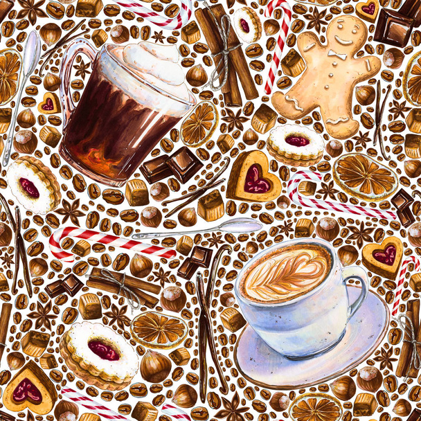 Patrón sin costuras con diferentes bebidas de café y dulces sobre fondo blanco. Ilustración de espresso, latte, americano, galletas y dulces. Dibujado a mano por marcadores, acuarela
. - Foto, Imagen