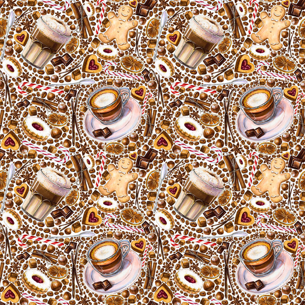 Naadloze patroon met verschillende koffie drinken en snoep op witte achtergrond. Illustratie van een Latte Macchiato, macchiato, koekjes en snoep. Handgetekende door markeringen, aquarel. - Foto, afbeelding
