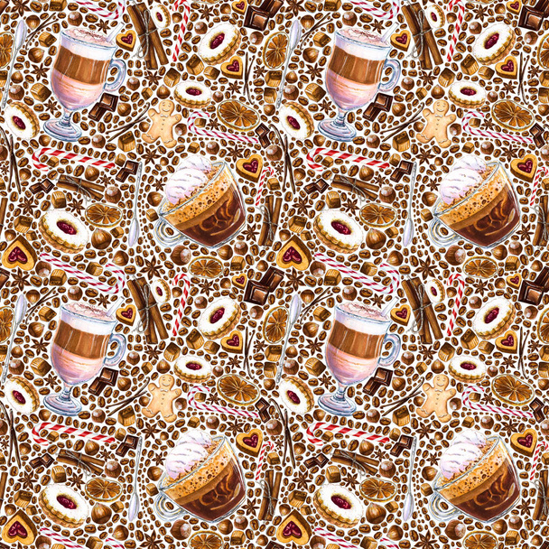 Patrón sin costuras con diferentes bebidas de café y dulces sobre fondo blanco. Ilustración de café con leche, glace de café con helado, galletas y dulces. Dibujado a mano por marcadores, acuarela
. - Foto, Imagen