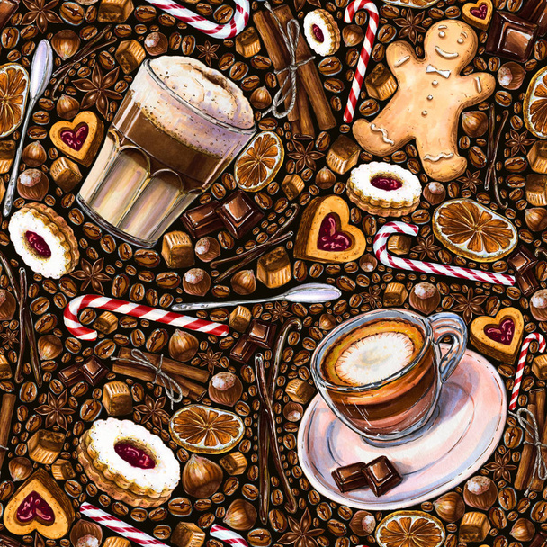 Patrón sin costuras con diferentes bebidas de café y dulces sobre fondo oscuro. Ilustración de Latte Macchiato, macchiato, galletas y dulces. Dibujado a mano por marcadores, acuarela
. - Foto, imagen