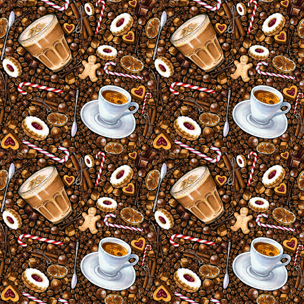 Patrón sin costuras con diferentes bebidas de café y dulces sobre fondo oscuro. Ilustración de café expreso, café raf, galletas y dulces. Dibujado a mano por marcadores, acuarela
. - Foto, Imagen
