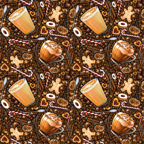 別のコーヒー飲料とお菓子暗い背景にシームレス パターン。フラット ホワイト、モカのコーヒー、クッキー、キャンディのイラスト。マーカー、水彩による手描き. - 写真・画像