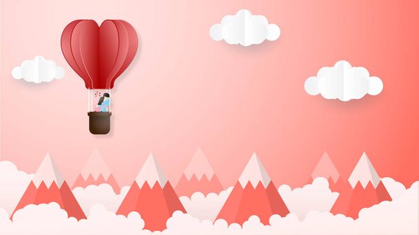 Creatief van liefde Valentijnsdag concept. Hou van paar knuffel in origami hete luchtballon over de bergen vliegen en cloud achtergrond. Vector illustratie uitnodiging kaart Valentijnsdag papier knippen stijl. - Vector, afbeelding