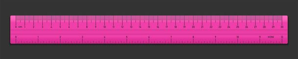 Realistické plastová páska růžová vládce izolované na černém pozadí. Dvojitá oboustranná měření v cm a palce. Vektorové ilustrace - Vektor, obrázek
