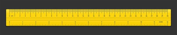 realistisches gelbes Plastiklineal isoliert auf schwarzem Hintergrund. doppelseitige Messung in cm und Zoll. Vektorillustration - Vektor, Bild