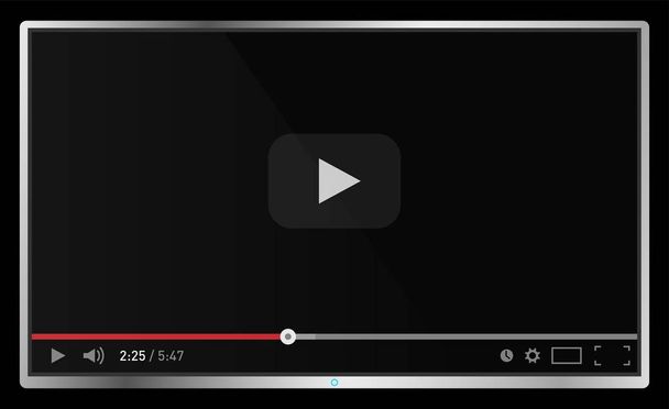 Ρεαλιστική μοντέρνα επίπεδη 4k τηλεόραση παρακολουθούν απομονωμένες σε μαύρο φόντο. Πρότυπο κλασικό πρόγραμμα αναπαραγωγής βίντεο στην οθόνη. Σε απευθείας σύνδεση βίντεο βλέποντας conecpt. Εικονογράφηση διάνυσμα - Διάνυσμα, εικόνα