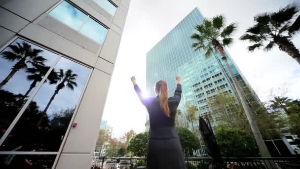 Businesswoman Celebrating Successful City Ambitions - Metraje, vídeo