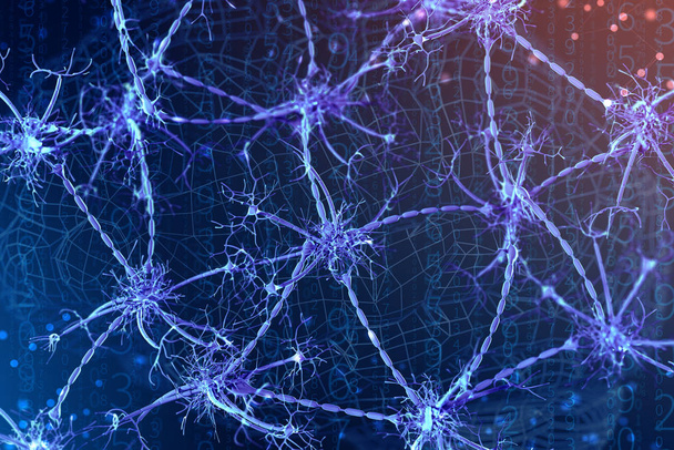 3D-afbeelding van een digitale neuron en neurale netwerken. Het concept van kunstmatige intelligentie - Foto, afbeelding