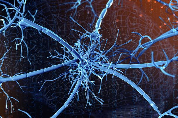 3D απεικόνιση του μια ψηφιακή νευρώνα και νευρωνικά δίκτυα. Η έννοια της τεχνητής νοημοσύνης - Φωτογραφία, εικόνα