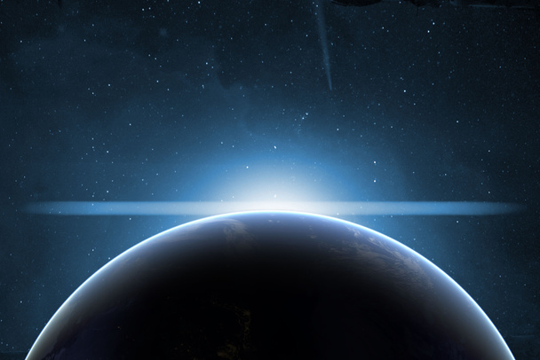 arte cósmico creativo. planeta tierra con el amanecer y la llamarada del sol. fondo de pantalla abstracto. Elementos de esta imagen proporcionados por NASA f
 - Foto, imagen