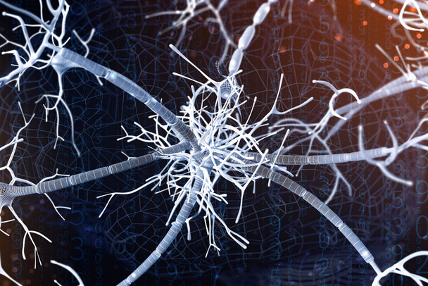 dijital bir nöron ve sinir ağları 3D çizimi. Yapay zeka kavramı - Fotoğraf, Görsel