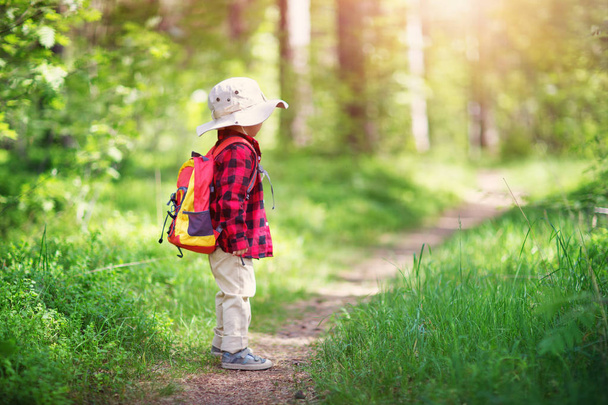 boy going camping with backpack in nature - 写真・画像