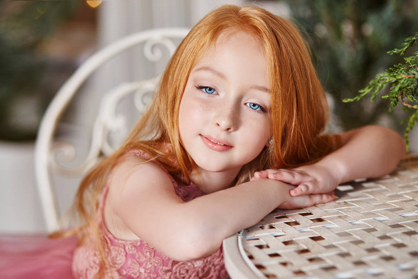 Girl with long red hair in a pink dress sitting at the table. Carnival holiday birthday. Portrait of a cheerful red-haired girl with big blue eyes - Φωτογραφία, εικόνα