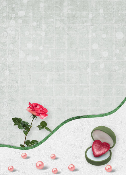 Holiday card with pearls and bouquet of beautiful red roses on green paper background, for congratulation or invitation - 写真・画像