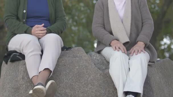Две пенсионерки разговаривают, сидят вместе на речном камне, дружат
 - Кадры, видео