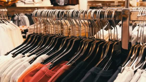 A large number of womens clothing of different colors hangs on hangers and lies on the shelves in a clothing store of shopping center or mall. The problem of consumerism - Footage, Video
